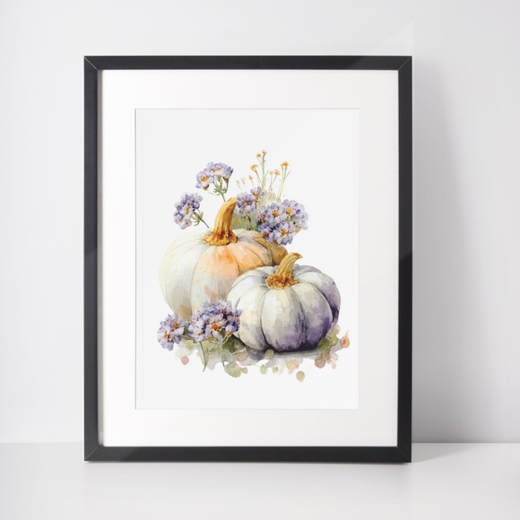 Watercolor Pumpkins with Flowers Wall Art Print Unframed - Cozy Autumn Elegance - Picture 3 of 6
